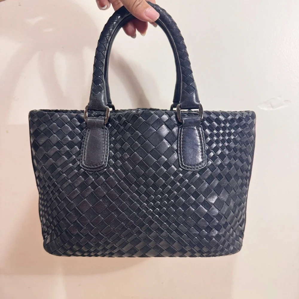 Vintage Y2K Jennifer Tattanelli Women's Black Woven Leather Tote Bag